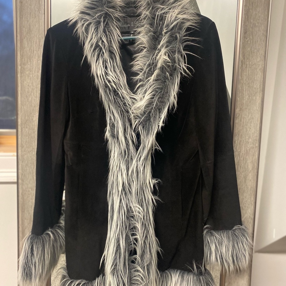 Genuine Suede Leather Black Faux Fur Trim Jacket